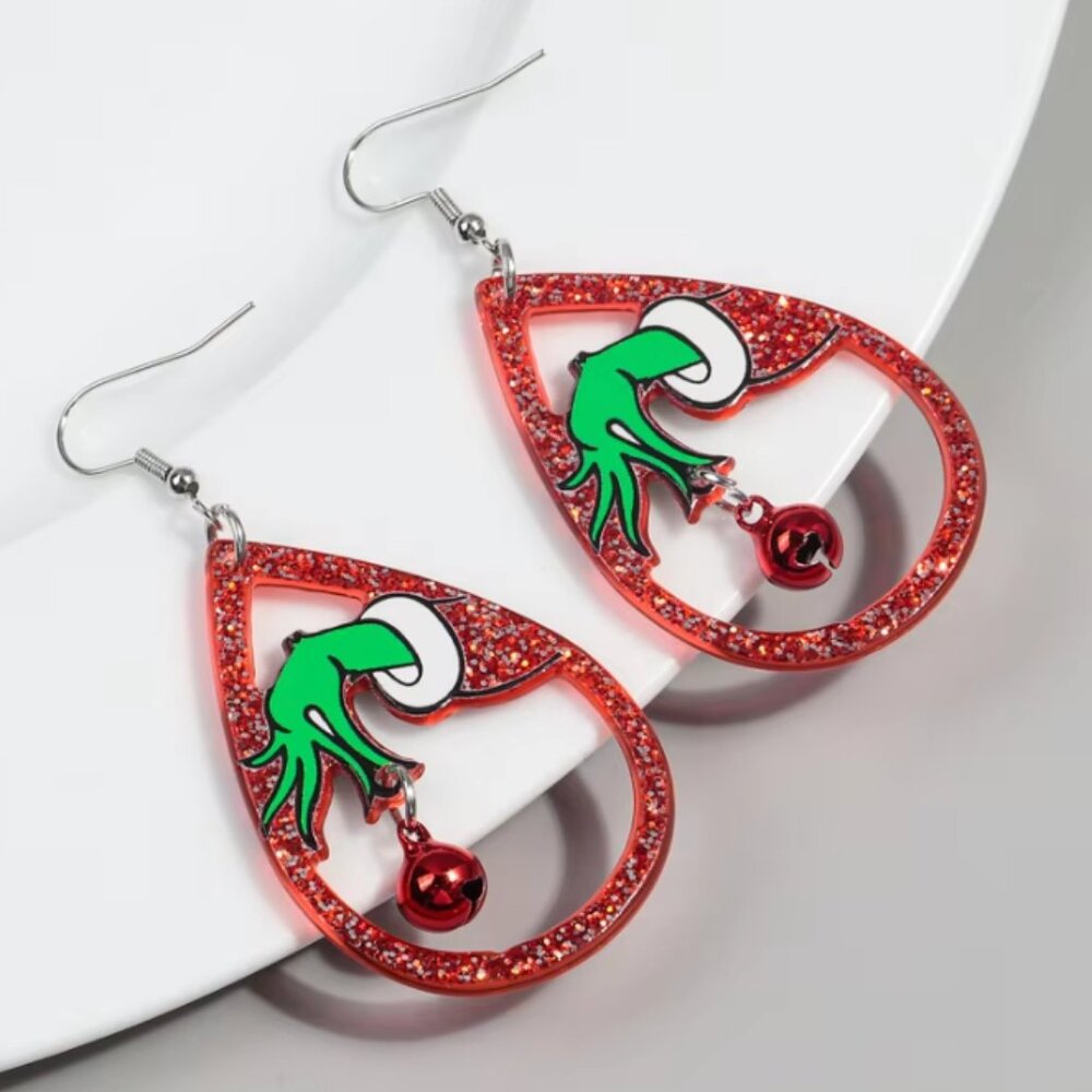 GRINCH Jingle Bell Tear Drop Glitter Dangle Earrings NEW